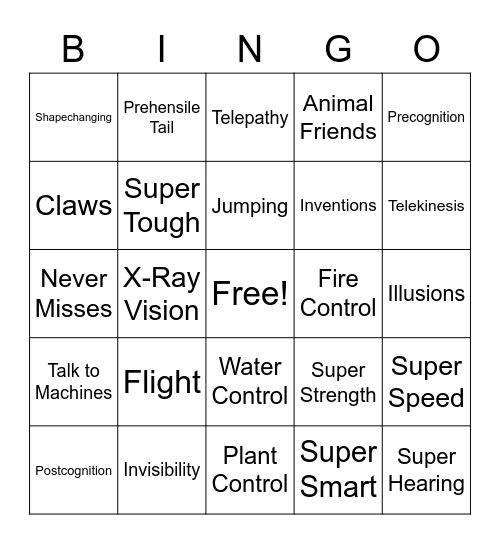 Superpowers Bingo Card