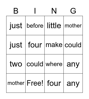 Sight Words Bingo Card