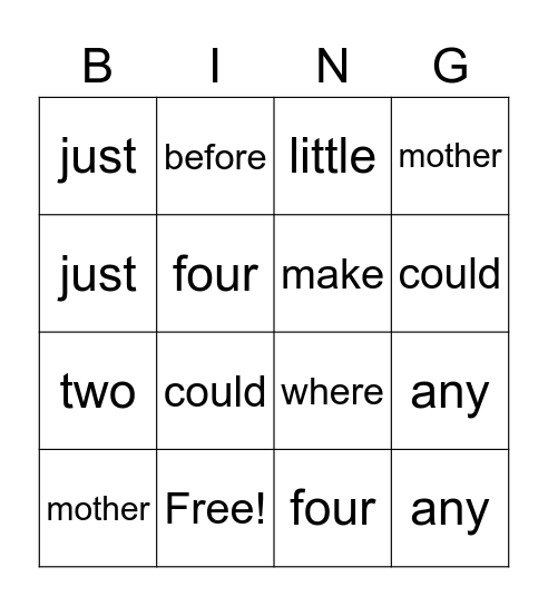 Sight Words Bingo Card