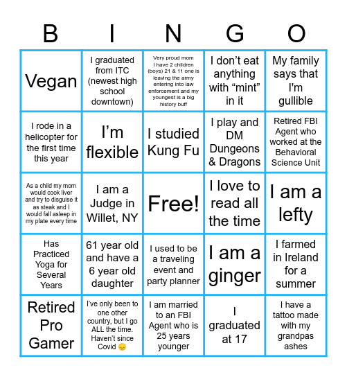 Guess Who! Bingo Card