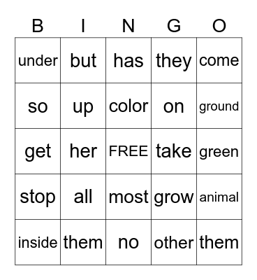 Sight Word Bingo Card