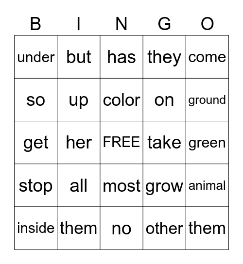 Sight Word Bingo Card