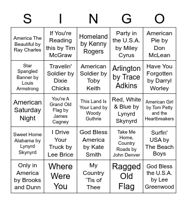 SONGS ABOUT AMERICA Bingo Card