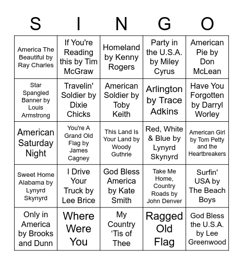 SONGS ABOUT AMERICA Bingo Card