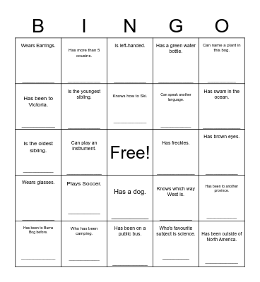 Getting to know you! Bingo Card