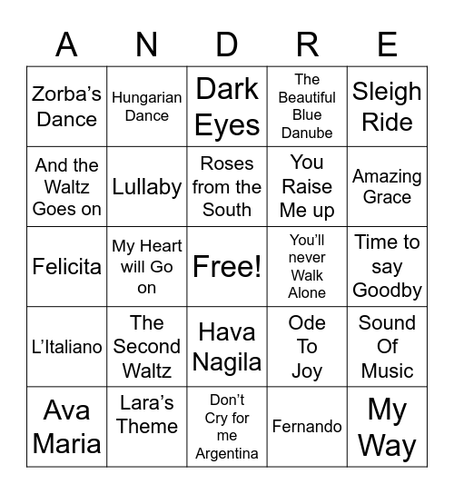 Andre Rieu Bingo Card