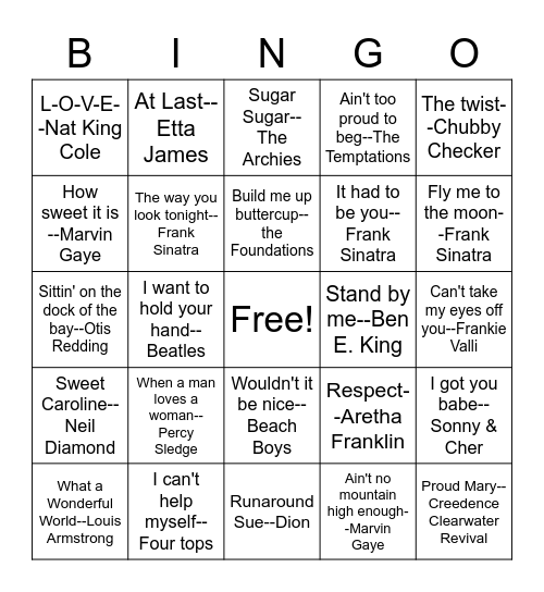 60s music Bingo Card