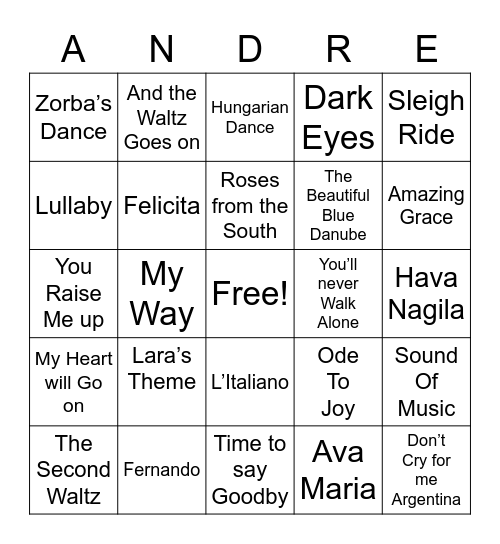 Andre Rieu Bingo Card