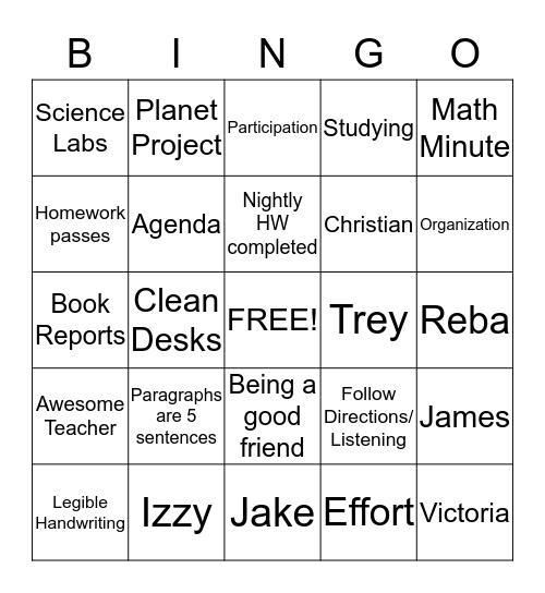 5th Grade Bingo Card