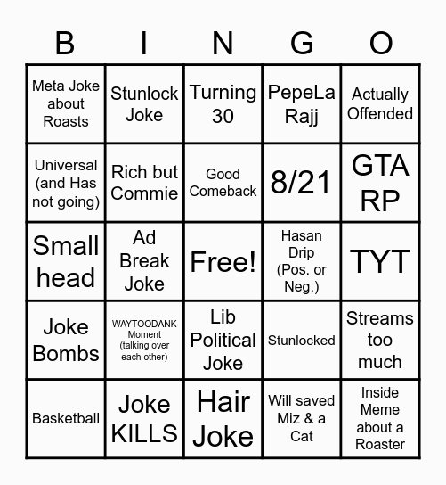 Hasan Roast Bingo Card