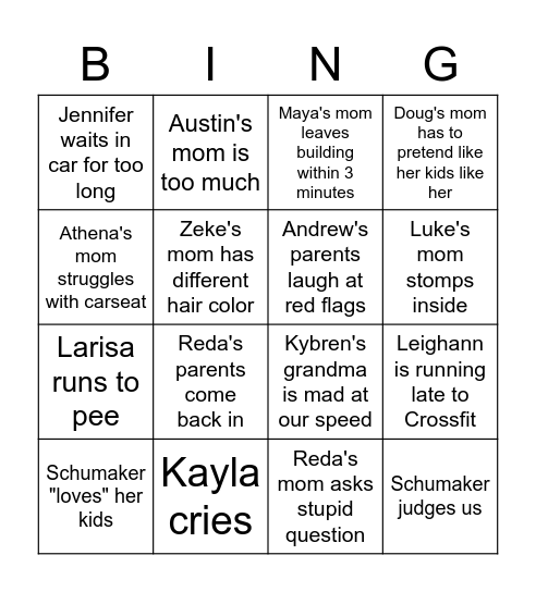 Parents Bingo Card
