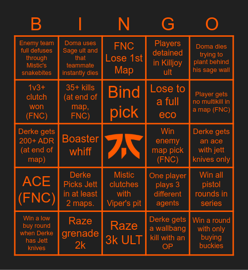 FNC VS TENSTAR Bingo Card