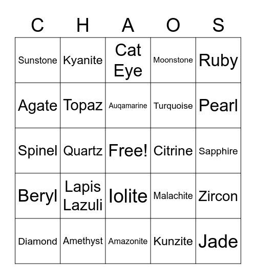 Chaos Emerald Bingo Card