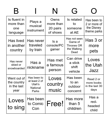 Getting to Know AE Family Bingo Card