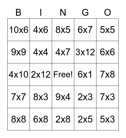 Math Facts Bingo Card