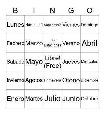 Days,Months, and Seasons Bingo Card