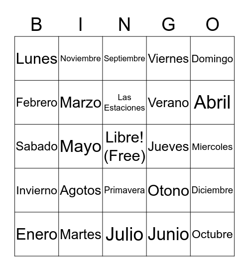 Days,Months, and Seasons Bingo Card