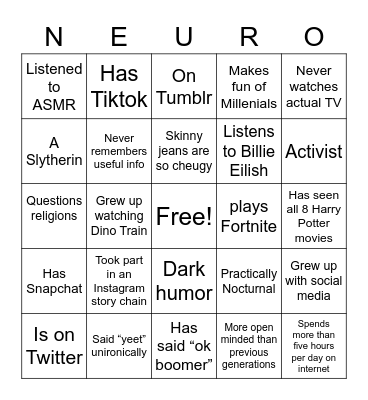 Gen Z bingo Card