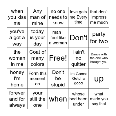 Shania Twain Bingo Card