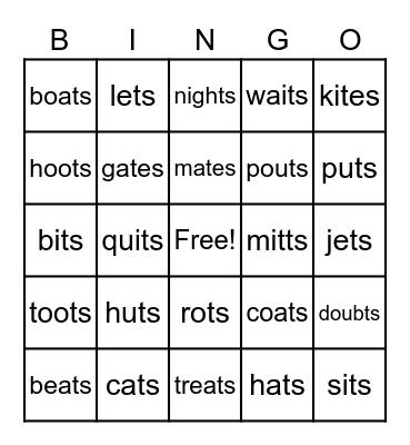 Words ending in "ts" sound Bingo Card