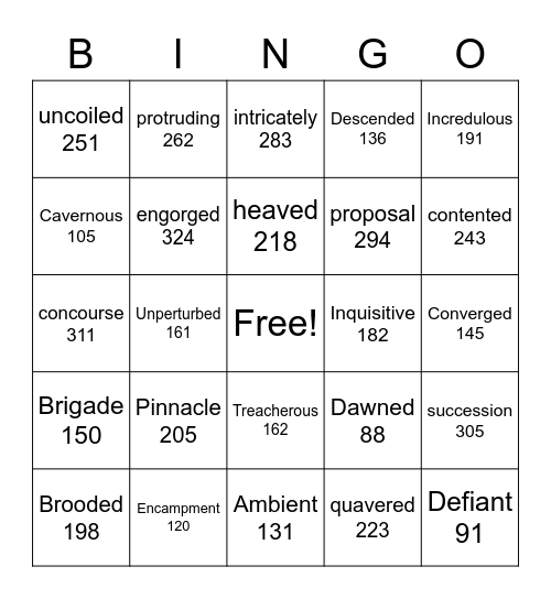 Vocabulary Bingo Card