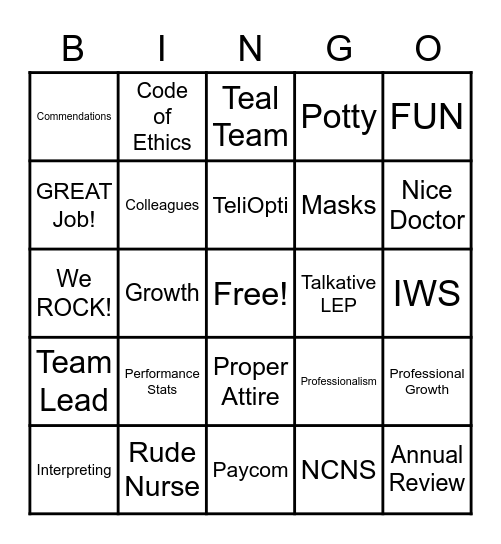 Teal Team Bingo Card