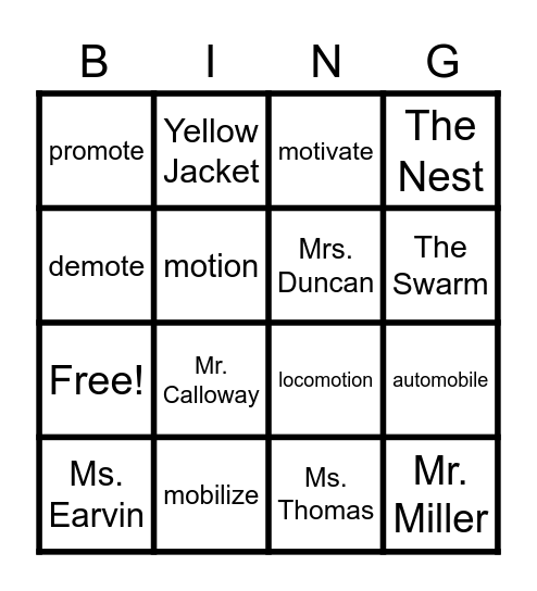 Week 1 Word List: mob, mot, mov = move Bingo Card