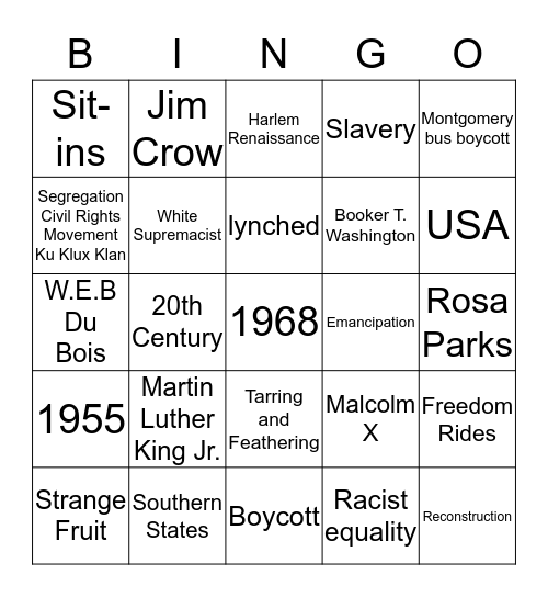 Life of Black people in America  Bingo Card