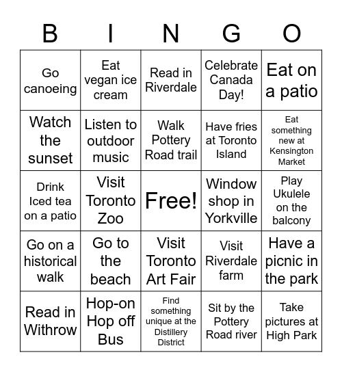 Summer Fun in Toronto 2021 Bingo Card