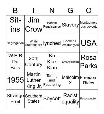 Life of Black people in America  Bingo Card