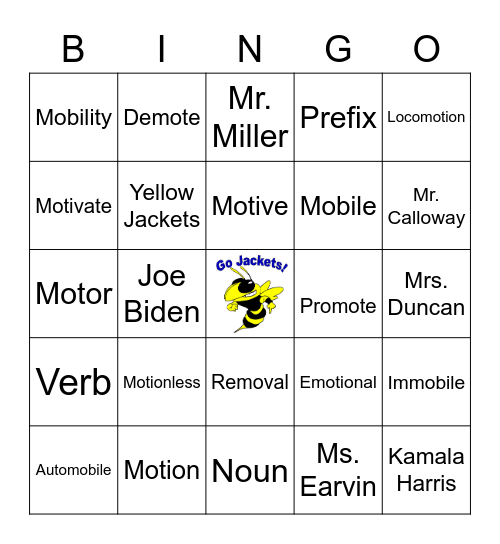 Week 1 Word List: mob, mot, mov = move Bingo Card