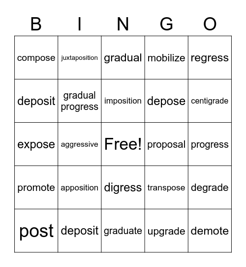 Week 3 Word List: pos = to place Bingo Card