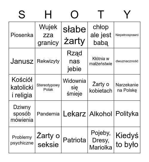 Shoty patostreamerów Bingo Card