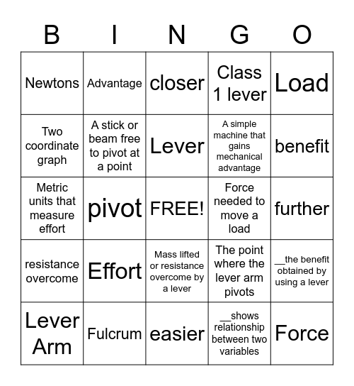 Levers and Pulleys Vocabulary Bingo Card