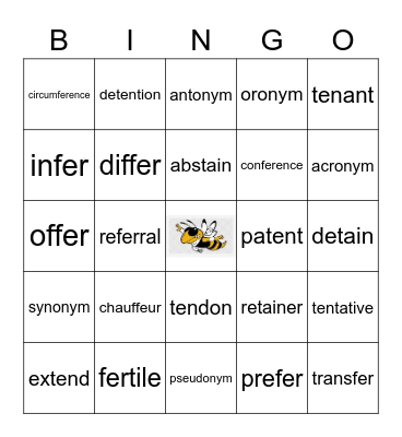 Week 8 Word List- fer= to carry, bear, bring together Bingo Card
