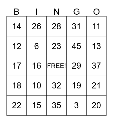 Number Bingo Card
