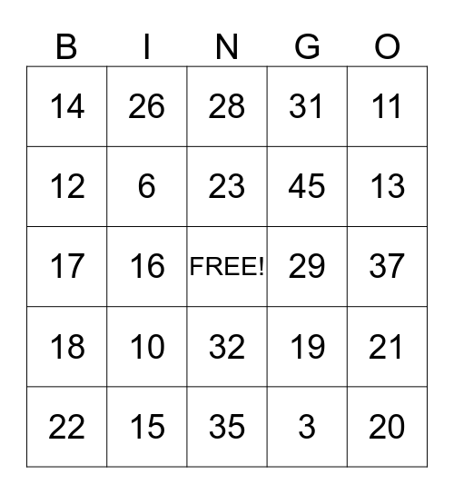Number Bingo Card