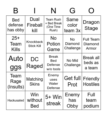 Bed Wars Bingo Card