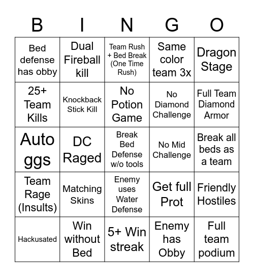 Bed Wars Bingo Card