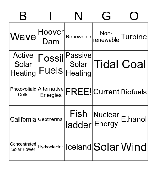Alternative Energy Bingo Card