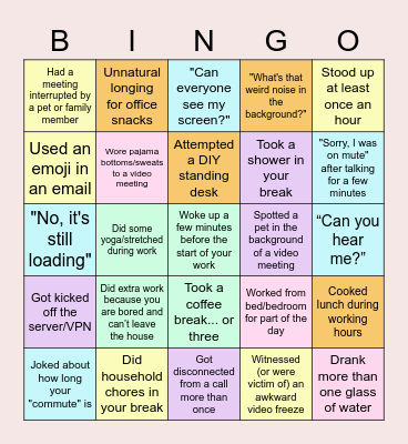 Working from Home BINGO Card