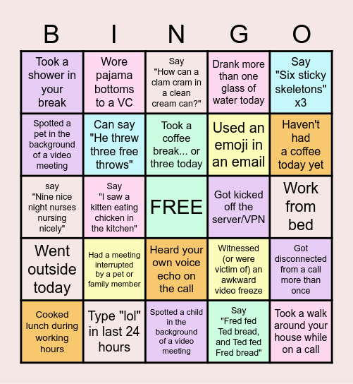 Working from Home BINGO Card