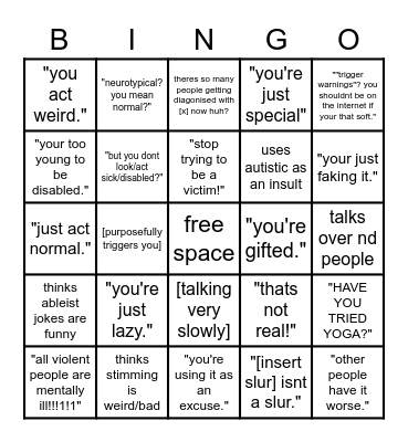 Ableism Bingo Card