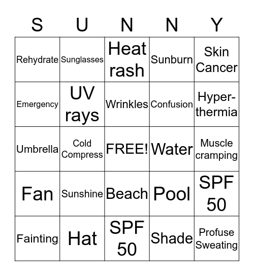 Sun Safety  Bingo Card