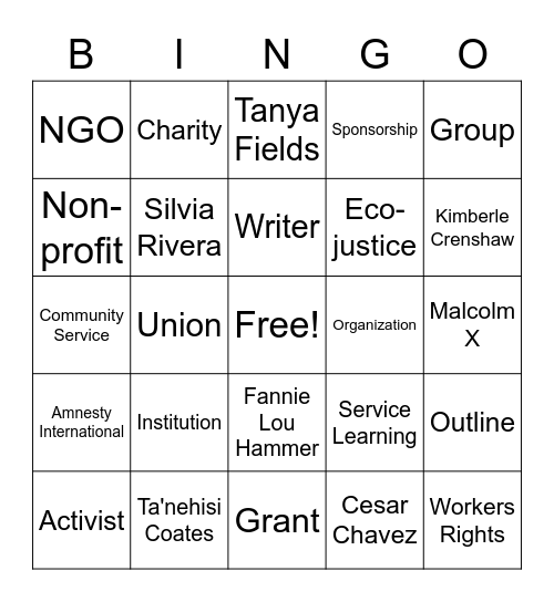 Social impact Bingo Card