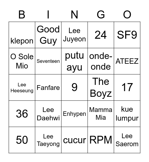 Bae Binnie Bingo Card