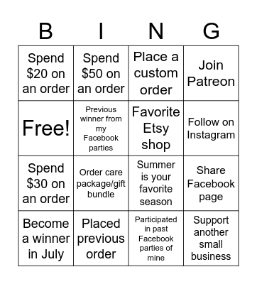 July Bingo Card
