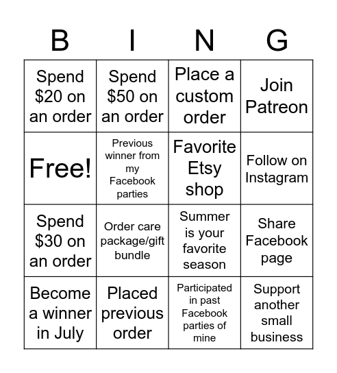 July Bingo Card