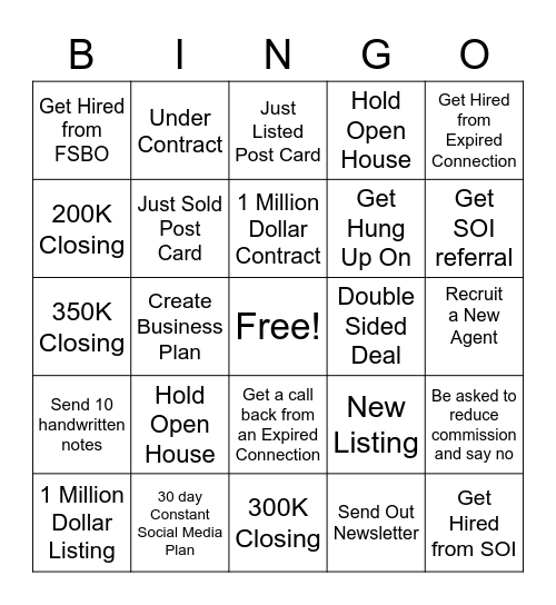 Real Estate Working Agent Bingo Card