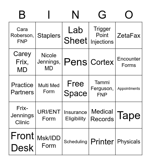 Frix-Jennings Front Desk Bingo Card